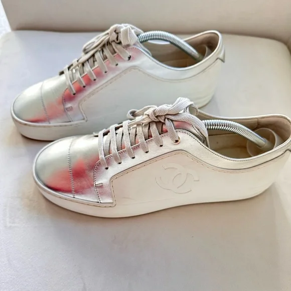 Authentic Chanel CC Sneakers White And Metallic Grey Shoes EuSize 42 US 9